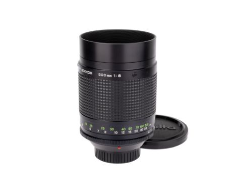 A Minolta RF Rokkor f/8 500mm Lens, black, serial no. 1215036, body, VG-E, elements, VG-E, some very light internal haze, com