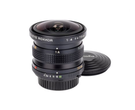A Minolta MD Fish-Eye f/4 7.5mm Lens, black, serial no. 1201316, body, VG-E, elements, G-VG, some very light haze and tiny sc