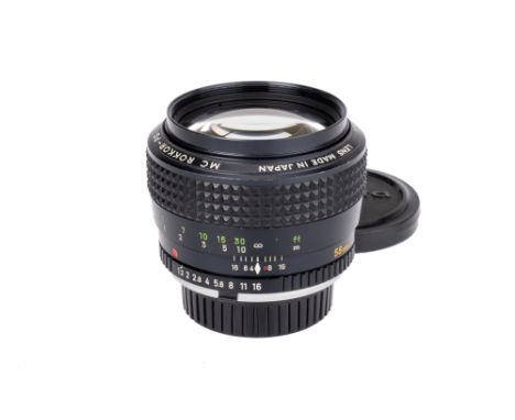 A Minolta MC Rokkor-PG f/1.2 58mm Lens, black, serial no. 2599128, body, VG, elements, VG, some light internal haze, complete