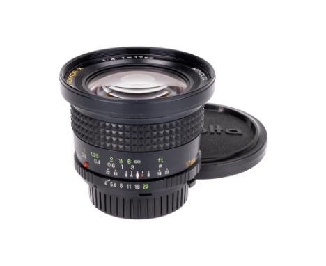 A Minolta MD W.Rokkor-X f/4 17mm Lens, black, serial no. 2201175, body, VG-E, elements, G-VG, some light internal haze and so