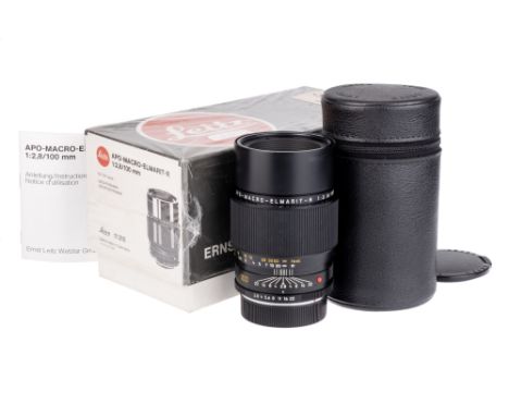 A Leitz APO-Macro-Elmarit-R f/2.8 100mm Lens, black, serial no. 3412995, body, E, elements, VG-E, complete with warranty card