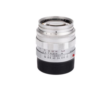 A Leitz Summilux f/1.4 50mm Lens, chrome, reverse scallop, serial no. 1660145, body, G, elements, F-VG, some fungus to front 