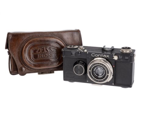 A Zeiss Ikon Contax Ia Rangefinder Camera, 1932-36, black, serial no. AU79262, with Carl Zeiss Jena Tessar f/3.5 50mm lens, b