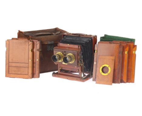A Thornton Pickard Ruby Patent Stereo Half Plate Mahogany & Brass Field Camera, English, c.1900, label to side for 'Thornton 