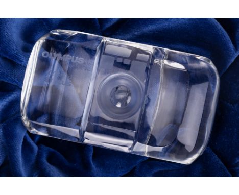 A Crystal Model of an Olympus MJU I 35mm Compact Camera, translucent, serial no. N/A, camera appears to be open clamshell on 