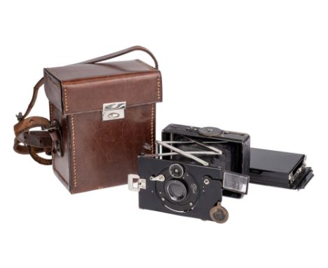 A Kengott Weka Folding Camera, 1925-29, black, with Extra-Rapid-Aplanat f/7.7 75mm lens, body, G-VG, lens, G-VG, some interna