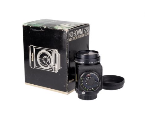 A Minolta MD Zoom Rokkor f/2.8 40-80mm Lens, black, serial no. 1201050, body, VG, elements, VG-E, complete with maker's caps,