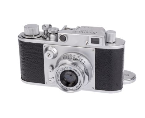 A Minolta 35 Rangefinder Camera, 1949, chrome, serial no. 7335, with Chiyoko Super Rokkor f/2.8 45mm lens, chrome, serial no.