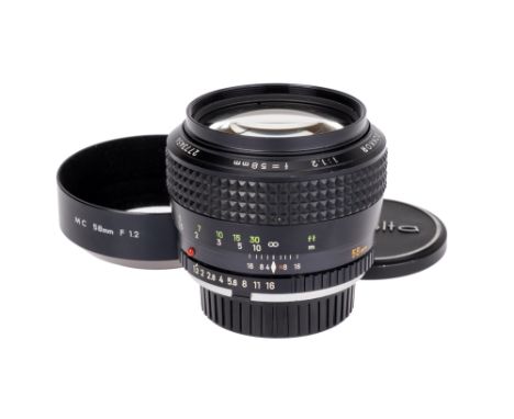 A Minolta MC Rokkor f/1.2 58mm Lens, black, serial no. 2773454, body, VG, elements, VG, some very light internal haze