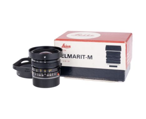 A Leitz Elmarit-M f/2.8 21mm Lens, black, serial no. 3269334, body, E, elements, VG, some light internal haze, complete with 
