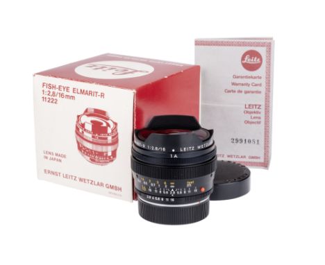A Leitz Fisheye-Elmarit-R f/2.8 16mm Lens, black, serial no. 2991081, body, VG-E, elements, VG-E, some very light internal ha