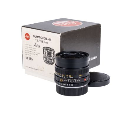 A Leitz Summicron-R f/2 35mm Lens, black, serial no. 3247928, body, E, elemenets, VG-E, some very light internal haze, comple