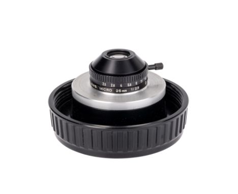 A Minolta Bellows Micro f/2.5 25mm Lens, black, serial no. 8001289, body, VG, elements, VG, some light internal haze