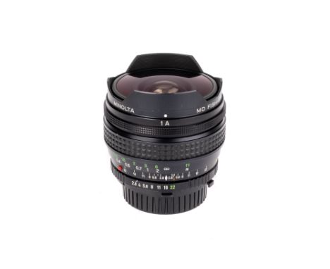 A Minolta MD Fish-Eye Rokkor f/2.8 16mm Lens, black, serial no. 1203384, body, VG-E, elements, VG-E, a few very light scratch