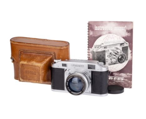 An Ilford Witness Rangefinder Camera, 1952, chrome, serial no. 5354, with a Dallmeyer Septac f/1.5 2" lens, chrome, serial no