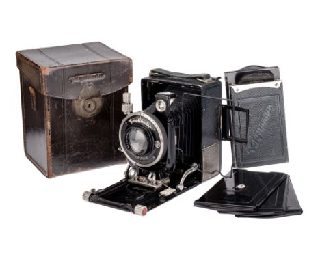 A Voigtlander Bergheil 6x5x9cm Folding Camera, 1932, green, serial no. E109727, with Voigtlander Heliar f/3.5 105mm lens, ser