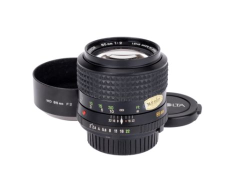 A Minolta MD Rokkor f/2 85mm Lens, black, serial no. 1003454, body, VG-E, elements, VG-E
