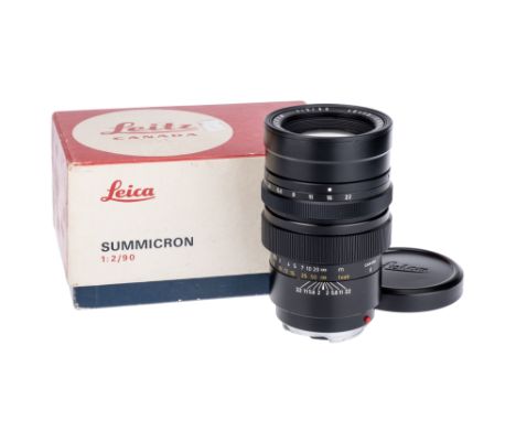 A Leitz Summicron f/2 90mm Lens, black, serial no. 2660034, body, VG-E, elements, G, some internal haze, complete with purcha