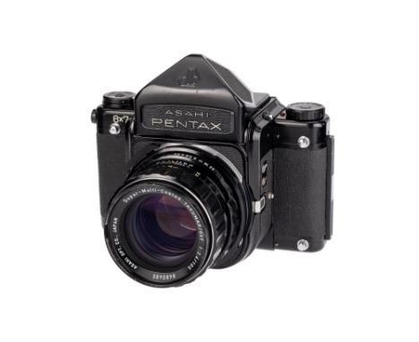 An Asahi Pentax 6x7 Medium Format SLR Camera, 1969, black, serial no. 4001087, with Takumar 6x7 f/2.4 105mm lens, black, seri