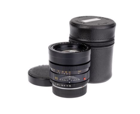 A Leitz Summicron-R f/2 90mm Lens, black, serial no. 2880718, body, VG, elements, VG, some light internal haze, complete with