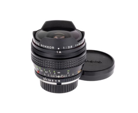 A Minolta MC Fish-Eye Rokkor f/2.8 16mm Lens, black, serial no. 1643509, body, VG-E, elements, VG-E, complete with maker's ca