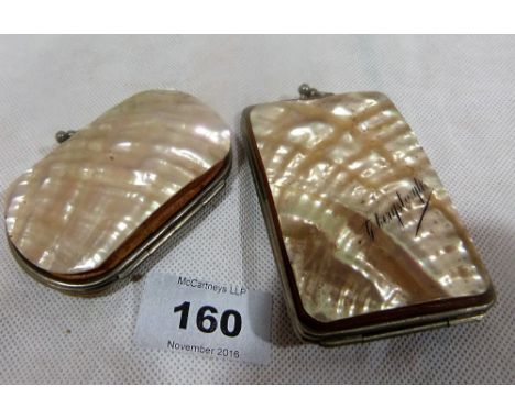 A mother-of-pearl, white metal and leather lined card case, marked 'Aberystwyth' and a similar purse
