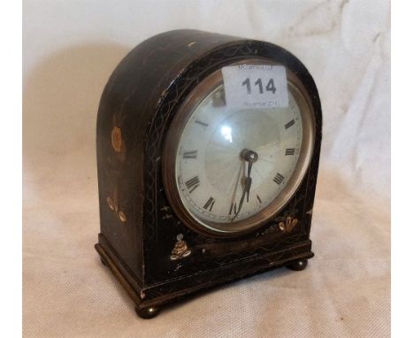 A chinoiserie lacquer decorated mantle clock with French brass drum movement. c.1900. 5½'' high