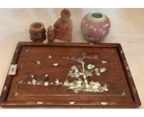 An oriental hardwood and mother-of-pearl tray, hardstone seal, soapstone figure etc