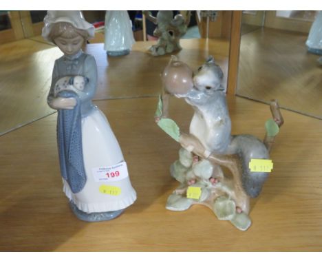 NAO FIGURE OF GIRL WITH PUPPY, AND LLADRO FIGURE OF SQUIRREL ON BRANCH WITH FRUIT