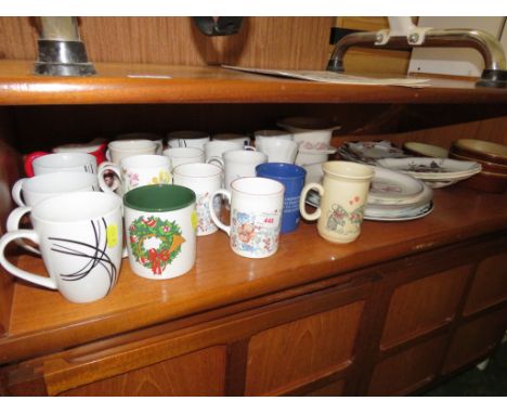 ONE SHELF OF CHINA HOMEWARE INCLUDING MUGS AND DISHES