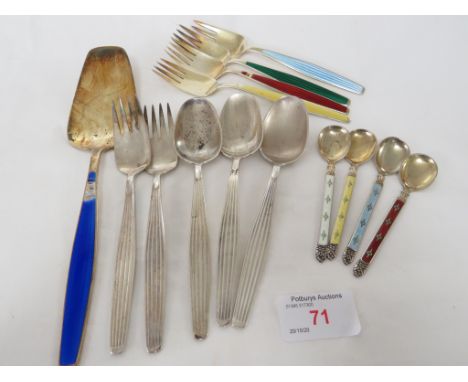 FOUR HESTENES NORWAY 925 STERLING AND ENAMEL COFFEE SPOONS (COMBINED 1.2 OZT);  FOUR J. TOSTRUP STERLING DESSERT FORKS WITH E