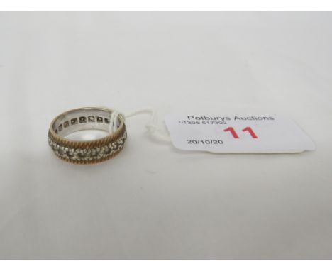 RING STAMPED 9CT WITH MILLED EDGE AND SET WITH VERY SMALL WHITE STONES, GROSS WEIGHT 3.7G