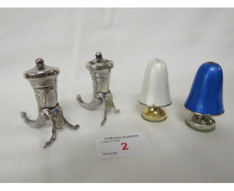 STERLING NORWAY SALT AND PEPPER SHAPED AS HORNS, AND 925S NORWAY STERLING ENAMEL MUSHROOM SHAPED SALT AND PEPPER