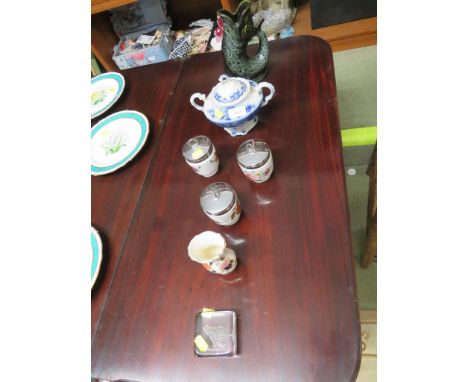 FOSTERS GLUGG JUG, BLUE AND WHITE LIDDED SUGAR BOWL, THREE ROYAL WORCESTER EGG CODDLERS, JUG AND GLASS PAPERWEIGHT