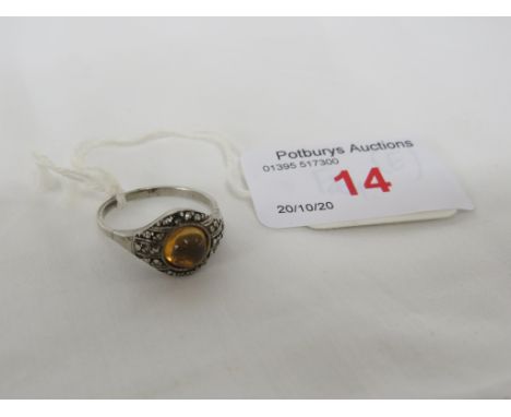 WHITE METAL RING SET WITH AMBER AND MARCASITES, STAMPED 800 KV