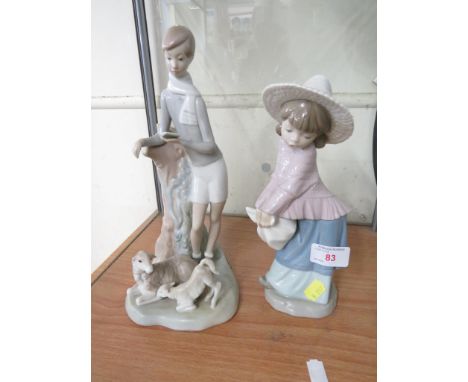 NAO FIGURE OF GIRL IN BONNET WITH BAG AND A LLADRO FIGURE OF BOY READING WITH TWO LAMBS