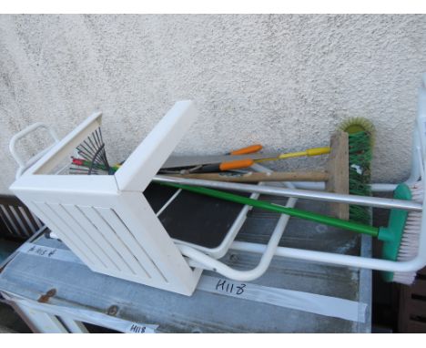 FOLDING STEPS, BED RAIL, HAND TOOLS AND A PLASTIC TABLE