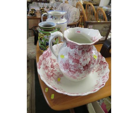 RIDGWAYS SASKIA TOILET JUG AND BOWL, ONE OTHER TOILET JUG AND AN E. RADFORD BURSLEM POTTERY VASE