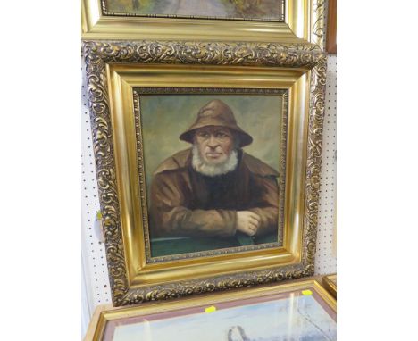 OIL ON CANVAS HALF PORTRAIT OF FISHERMAN IN OIL SKINS, SIGNED WALSETH, IN A GILT FRAME