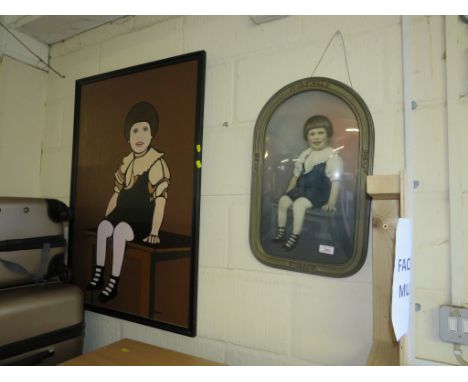 ACRYLIC ON CANVAS OF SEATED CHILD SIGNED, WITH ASSOCIATED ORIGINAL PORTRAIT PHOTOGRAPH IN CONCAVE GLASS FRAME