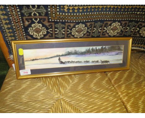 FRAMED WATERCOLOUR DOGS AND SLED 'MUSHING' WITH ARTIST LABEL S. UPCHURCH