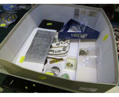 WHITE METAL '18' KEY, PAIR OF ENAMELLED 'G' CUFFLINKS, BLUE ENAMELLED FEATHER BROOCH, CIGARETTE/CARD CASE, BEADWORK PURSE, HA