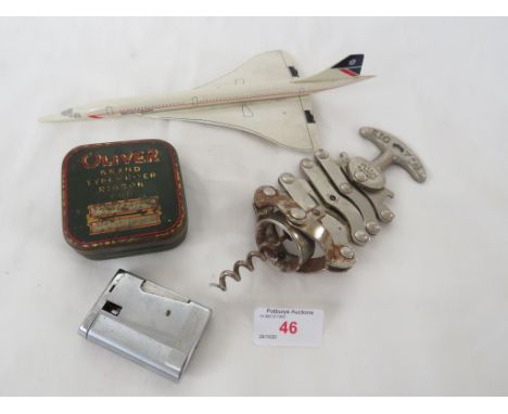 SMALL PLASTIC MODEL OF CONCORDE, ZIG-ZAG CORKSCREW, VINTAGE TIN AND A RONSON LIGHTER