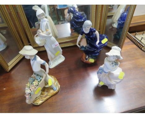 LLADRO FIGURE OF WOMAN WITH BASKET (A/F), NAO FIGURE OF GIRL WITH PUPPY AND TWO OTHER SPANISH FIGURINES