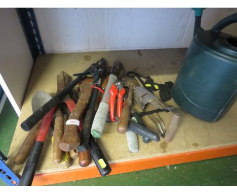 WATERING CAN, WROUGHT METAL WALL BRACKET AND GARDEN HAND TOOLS