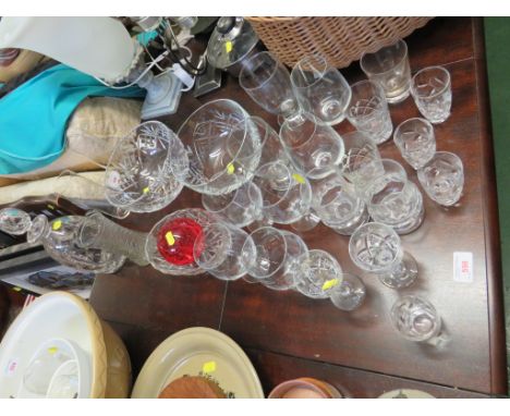 OVOID DECANTER ETCHED WITH LEAVES AND FOUR MATCHING GLASSES WITH SIGNATURES TO BASE, TOGETHER WITH OTHER GLASSWARE INCLUDING 