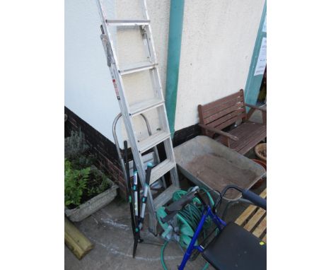 TWO TREAD STEPS, SMALL ALUMINIUM EXTENDING LADDER, SHEARS AND HOSE ON REEL