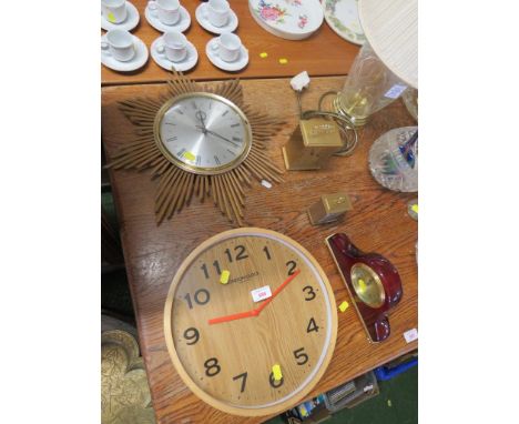 JUNGHANS ATO-MAT STAR BURST WALL CLOCK, ONE OTHER WALL CLOCK, AND THREE QUARTZ MANTLE CLOCKS
