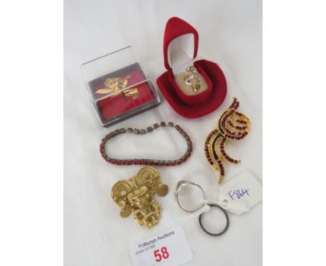 RING STAMPED CZ 925 IN RED COWBOY HAT BOX, AN EXPANDING BRACELET WITH RED GLASS BEADS, ORCHID BROOCH WITH CHAIN AND ONE OTHER