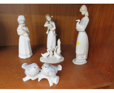 LLADRO FIGURE OF GIRL WITH LAMB, NAO FIGURE OF THREE GEESE AND THREE OTHER SIMILAR STYLED FIGURES (A/F)